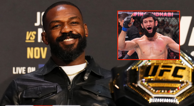 Jon Jones appears at the UFC 309 pre-fight press conference, inset Khamzat Chimaev celebrating his win at UFC 308