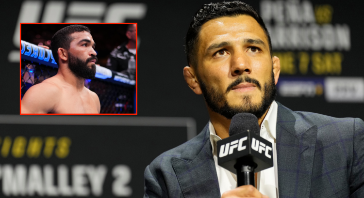 Aaron Pico answers a question during UFC 314 fight week, inset Patricio 'Pitbull' in the cage at UFC 318