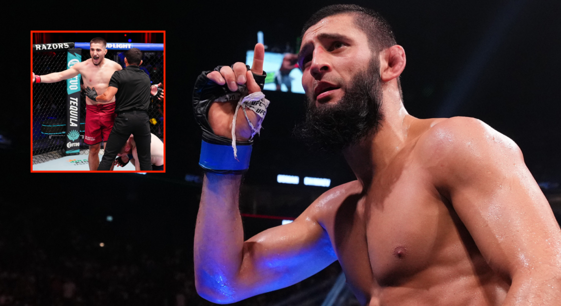 Khamzat Chimaev reacts after defeating Kamaru Usman at UFC 294, inset Baysangur Susurkaev after a knockout on Dana White's Contender Series