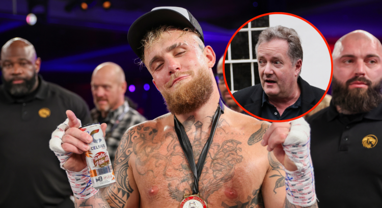 Jake Paul poses with a bottle of Celsius after winning a fight. Bubble photo shows Piers Morgan looking surprised