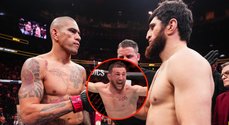 Alex Pereira and Magomed Ankalaev touch gloves to kick off their fight at UFC 313, inset Merab Dvalishvili celebrating at UFC 316