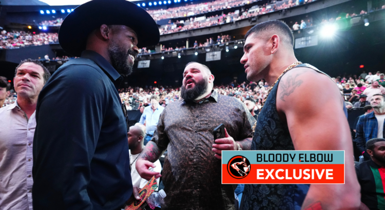Jon Jones and Alex Pereira face off, with overlay text reading: BLOODY ELBOW EXCLUSIVE