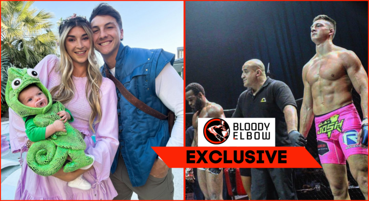 Composite image showing Josh Brueckner with his wife Katie and daughter Skye (left) and during his MMA career (right) Overlay text reads: "Bloody E...