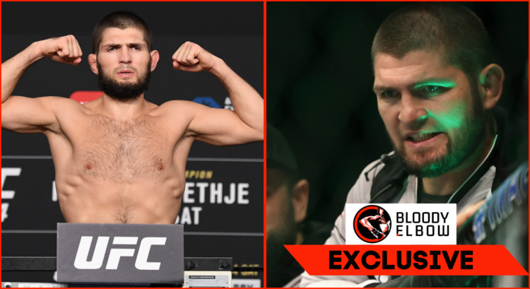 Composite image Left image: Khabib Nurmagomedov in 2020 weighing 155lb Right image: Khabib Nurmagomedov in 2024 weighing 205lb Overlay text reads "...