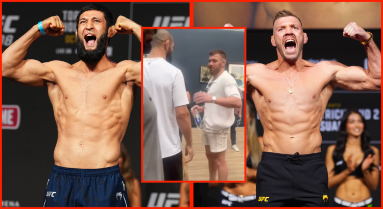 Khamzat Chimaev and Dricus Du Plessis weighing in (left and right), with central block showing the pair meeting