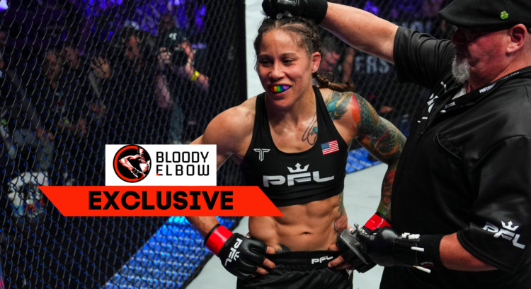 Liz Carmouche after a PFL fight, with overlay text that reads "Bloody Elbow EXCLUSIVE"