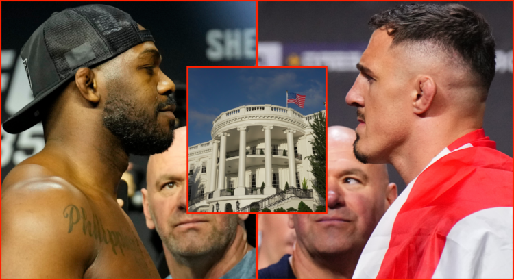 Jon Jones during a faceoff at the UFC 285 weigh-in, opposite Tom Aspinall at the UFC 304 weigh-in, inset The White House
