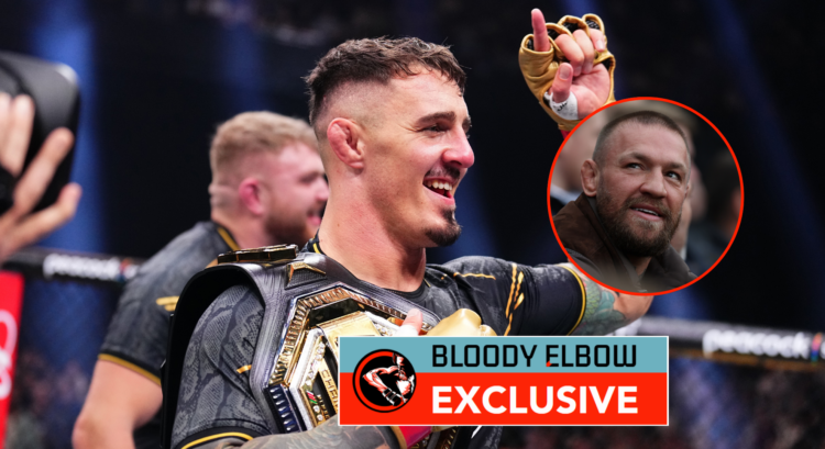 Main photo shows Tom Aspinall with his UFC title, bubble shows Conor McGregor. Overlay text reads: "BLOODY ELBOW EXCLUSIVE"