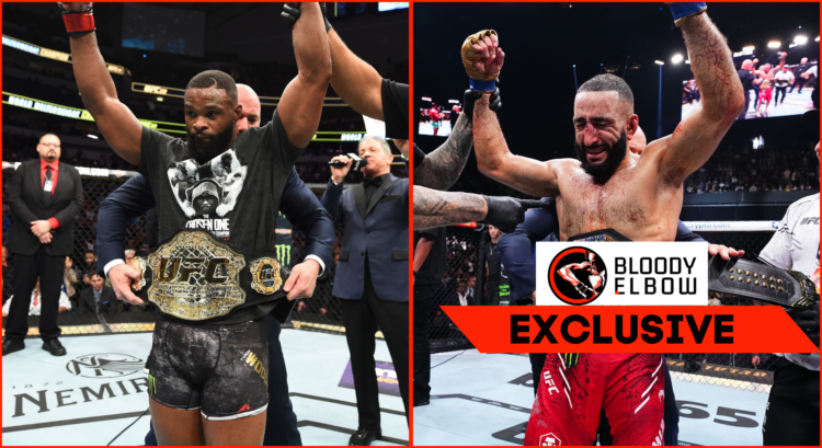 Left: Tyron Woodley being presented with the UFC belt in 2018 Right: Belal Muhammad being presented with the UFC belt in 2024 Overlay text reads: "...